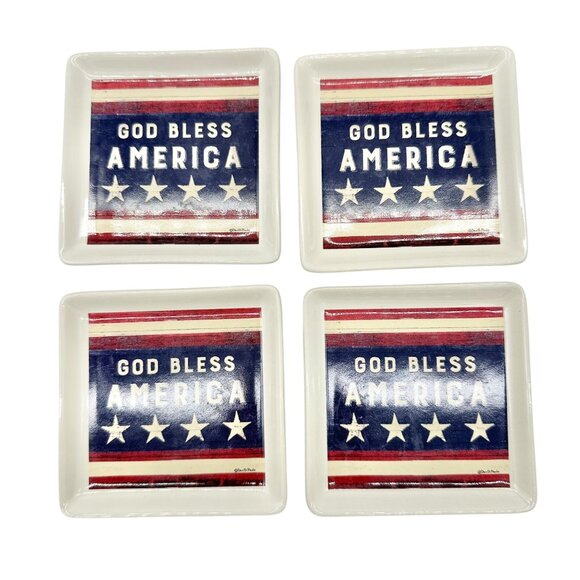 Primitives By Kathy God Bless America Decorative Square Trinket Trays Set 4 NIB - Picture 1 of 5